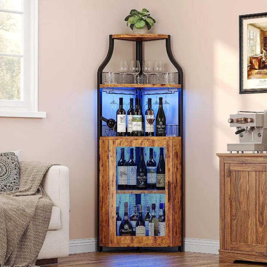 Wine & Beer Guayaquil - ตู้บาร์มุมสำหรับใช้ในบ้าน ทำจากไม้ MDF เคลือบสีวอลนัท พร้อมไฟ LED