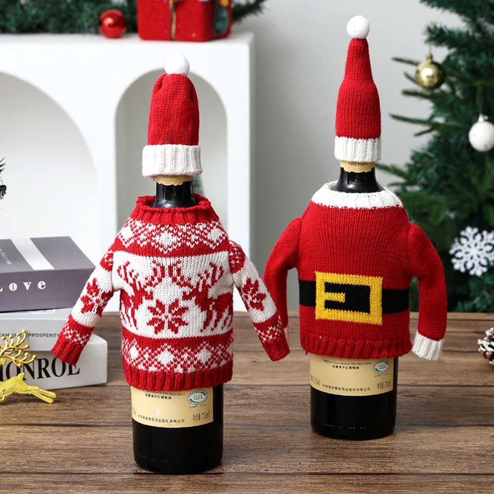 Wine Beer Hat - ปลอกหุ้มขวดไวน์ลายกวางเอลค์ ลายเกล็ดหิมะ พร้อมหมวกซานต้าจิ๋ว ปลอกหุ้มขวดถักลายคริสต์มาส ปลอกหุ้มขวดเบียร์ลายมนุษย์หิมะ กวางเรนเดียร์